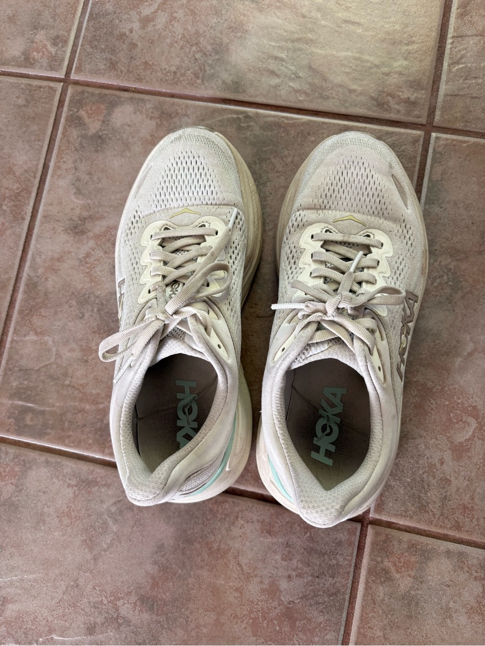 Hoka Women's Athletic Sneakers in Light Beige with Mint Accents